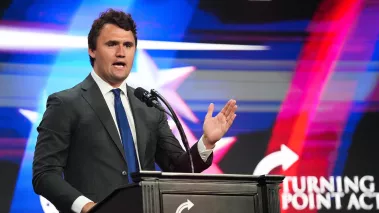 Charlie Kirk, founder of Turning Point USA, speaks during a Unite and Win rally held by Turning Point Action at the Arizona Financial Theatre on Aug. 14, 2022, in Phoenix. 